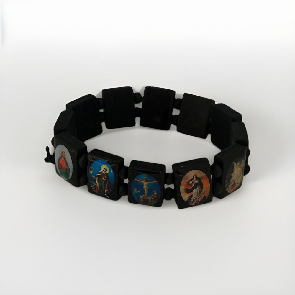 Vintage Style Catholic Stretch Bracelet Saints Black Wood Panel Unisex Men Women